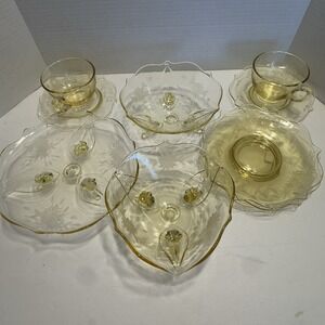 Set 10 Pc Jubilee Yellow Depression Lancaster Glass Cups Saucers Plate Bowls Vtg